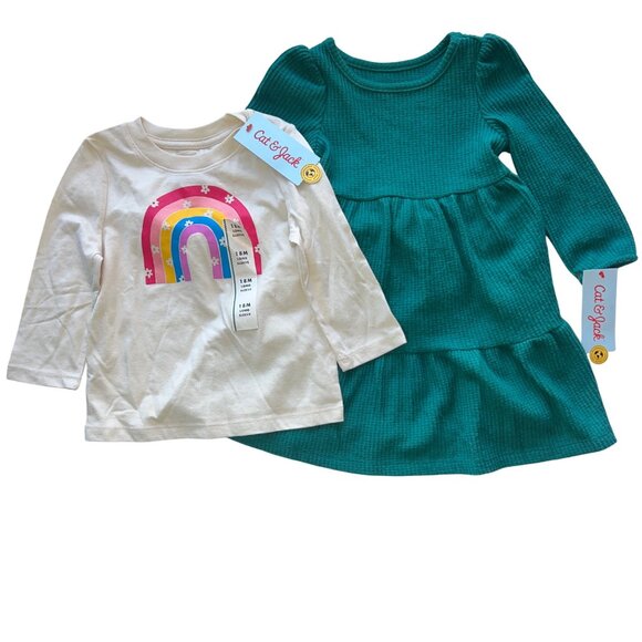 Cat & Jack Rainbow Long-Sleeve Top & Teal Tiered Dress Baby Girls 18M (2-pack) - Picture 1 of 9